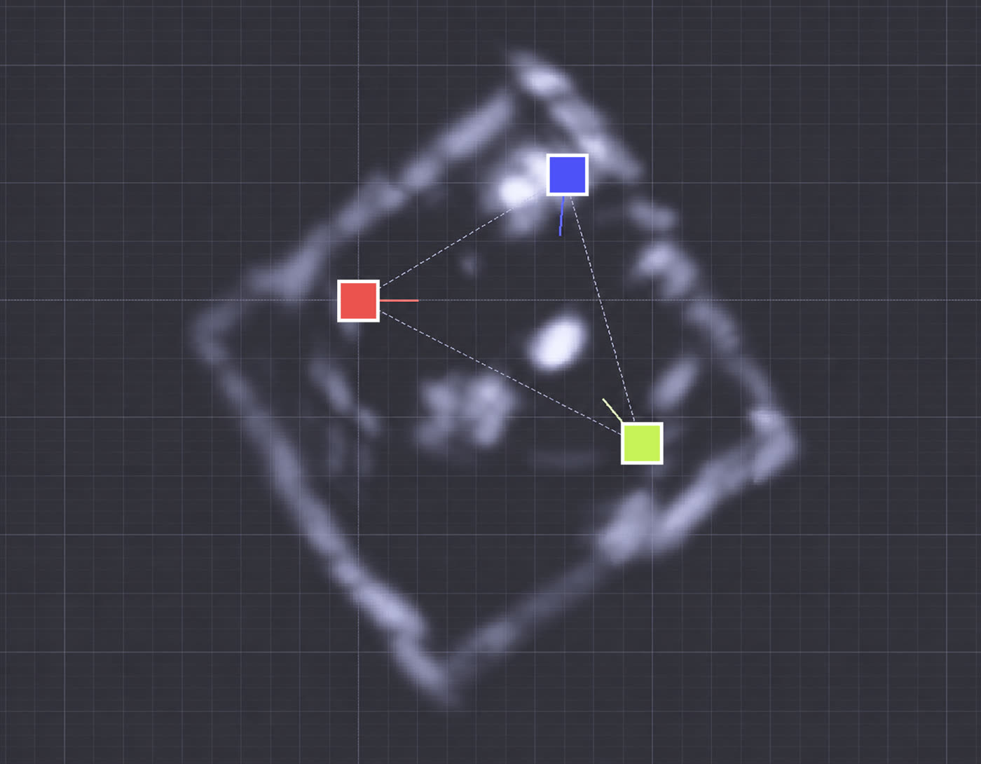 Top-view radar reconstruction of the room, showing its outline and the objects inside, with the three sensors marked in red, blue and green and dashed lines between them